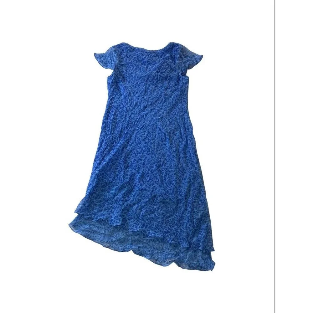 VTG Y2K Positive Attitude Womens M Blue Leaf Chiffon Asymmetrical Hem Midi Dress